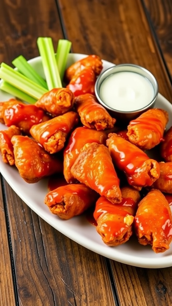Crispy Air Fryer Chicken Wings Recipe Crispy air fryer chicken wings with buffalo sauce and celery sticks on a rustic table.